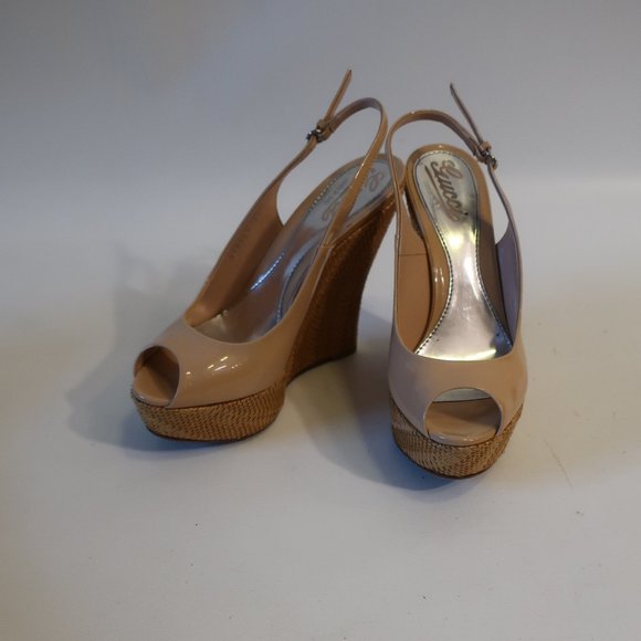 Womens Gucci Starfish Nude Patent Leather Raffia Platform Wedge Heels 38 US/8 * - Picture 1 of 12
